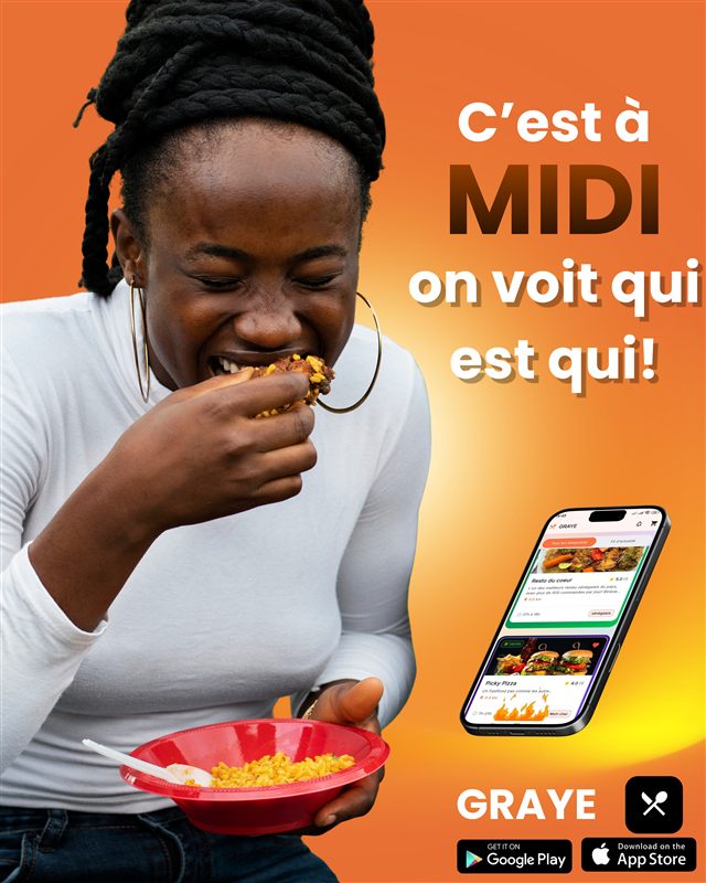 Affiche Graye : « C'est à midi on voit qui est qui ! », avec un aperçu de l'application
