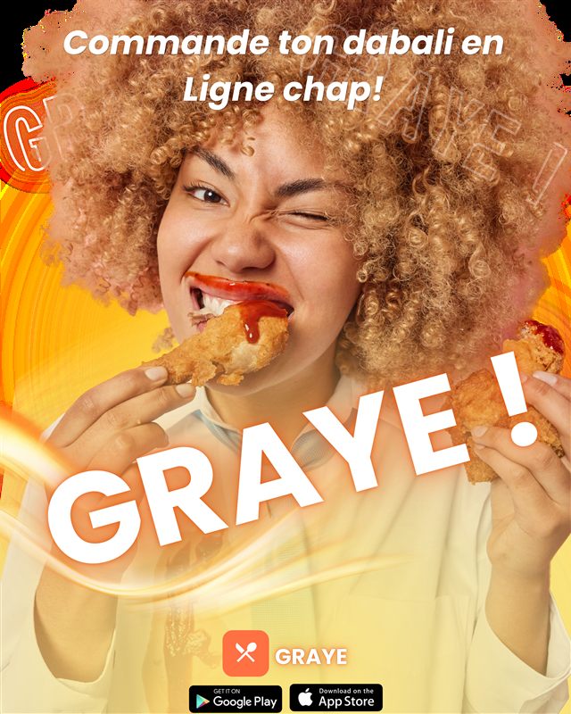 Affiche Graye : « Commande ton dabali en ligne, chap-chap ! » — portrait énergique, logo GRAYE en grand format