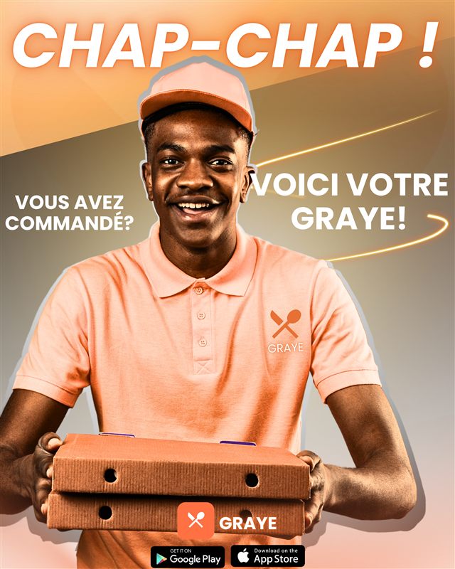 Affiche Graye : « Chap-chap ! », un livreur souriant avec des pizzas