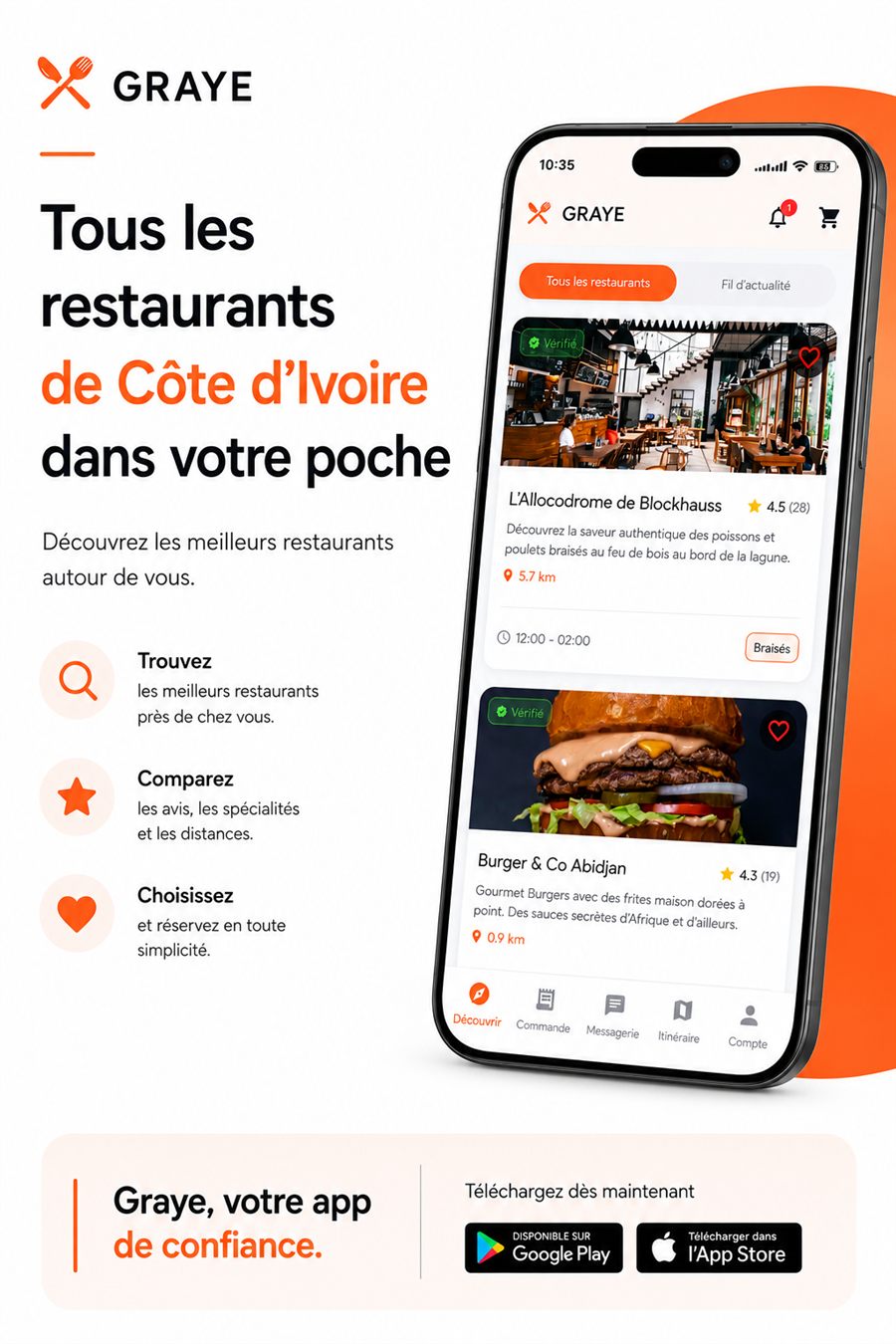Écran Graye listant les restaurants et maquis vérifiés autour de vous